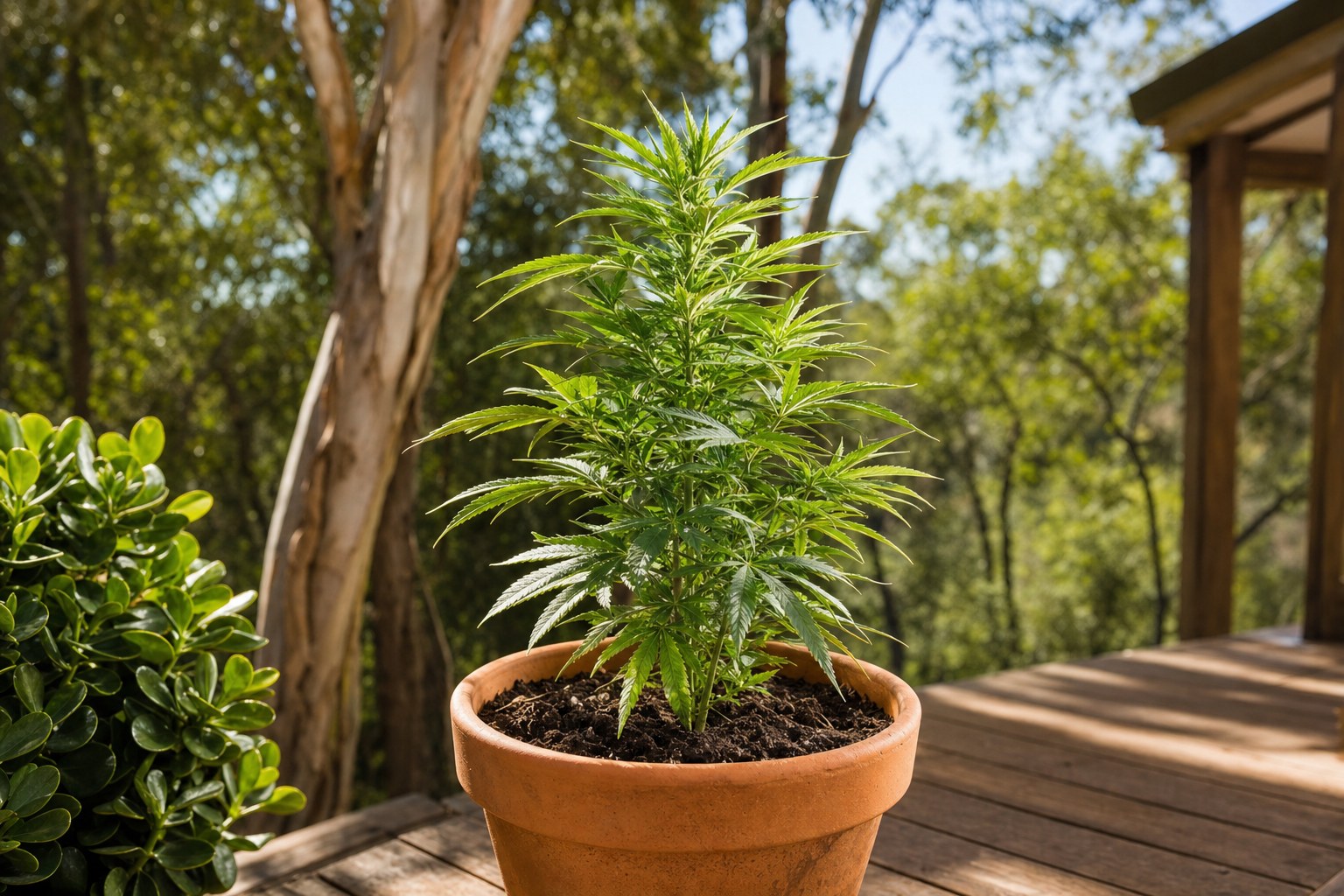 Healthy young cannabis plant in a terracotta pot on a sunlit Australian backyard deck with eucalyptus trees behind it