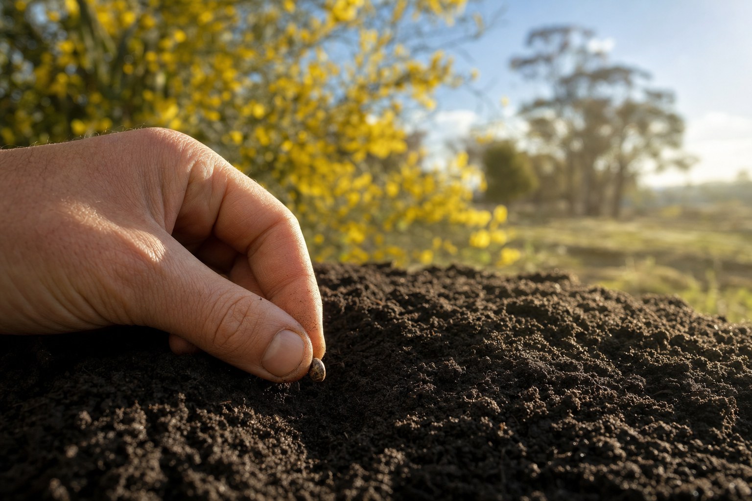A hand pressing a cannabis seed into dark soil with golden wattle softly out of focus in warm Australian spring light