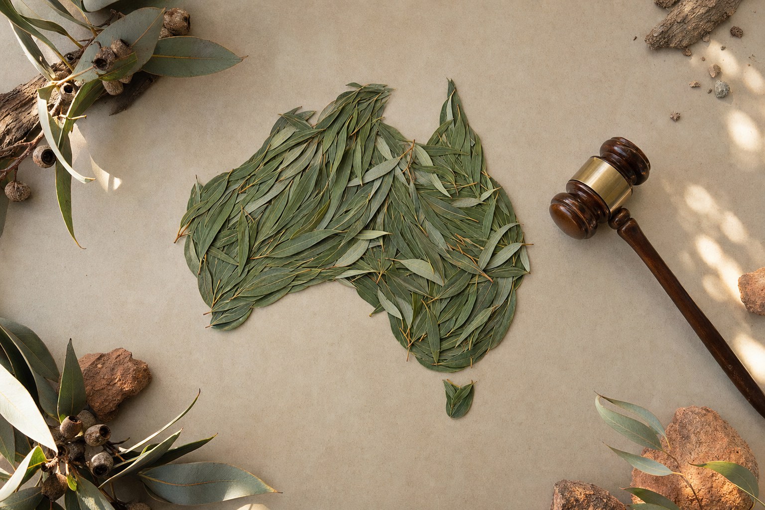 Flat lay map of Australia formed from eucalyptus leaves beside a wooden gavel on a neutral background