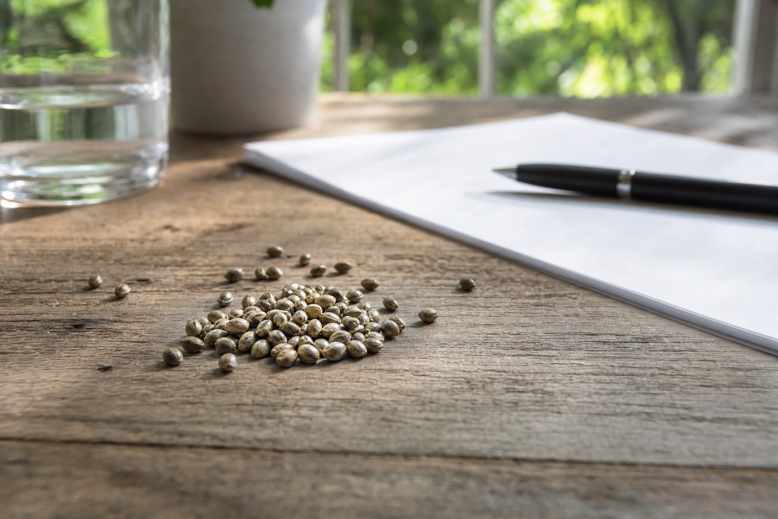 Cannabis seeds on a wooden table beside a plain official-looking document and pen in soft daylight