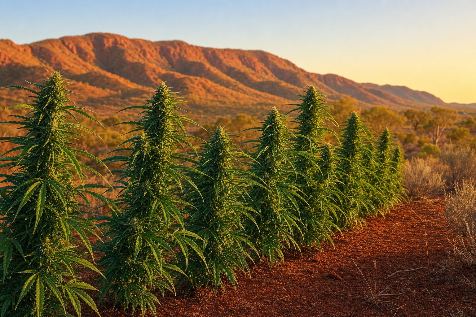 Row of thriving outdoor cannabis plants against a red-earth Australian outback horizon at golden hour