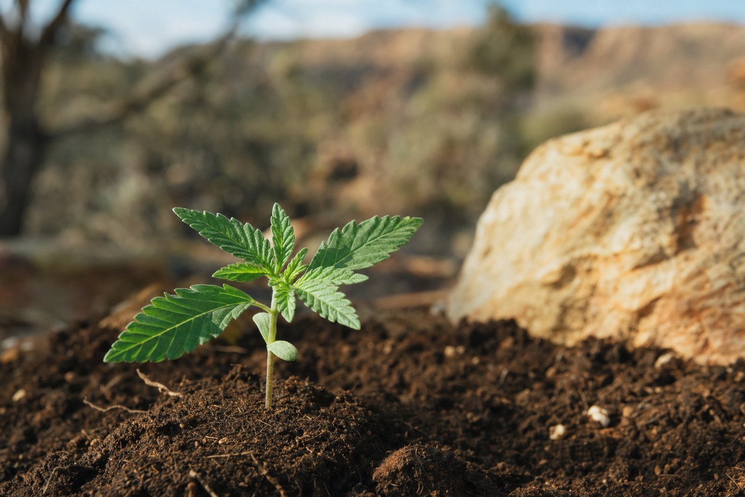 Tiny cannabis seedling with open cotyledons and its first true leaves beneath soft light.