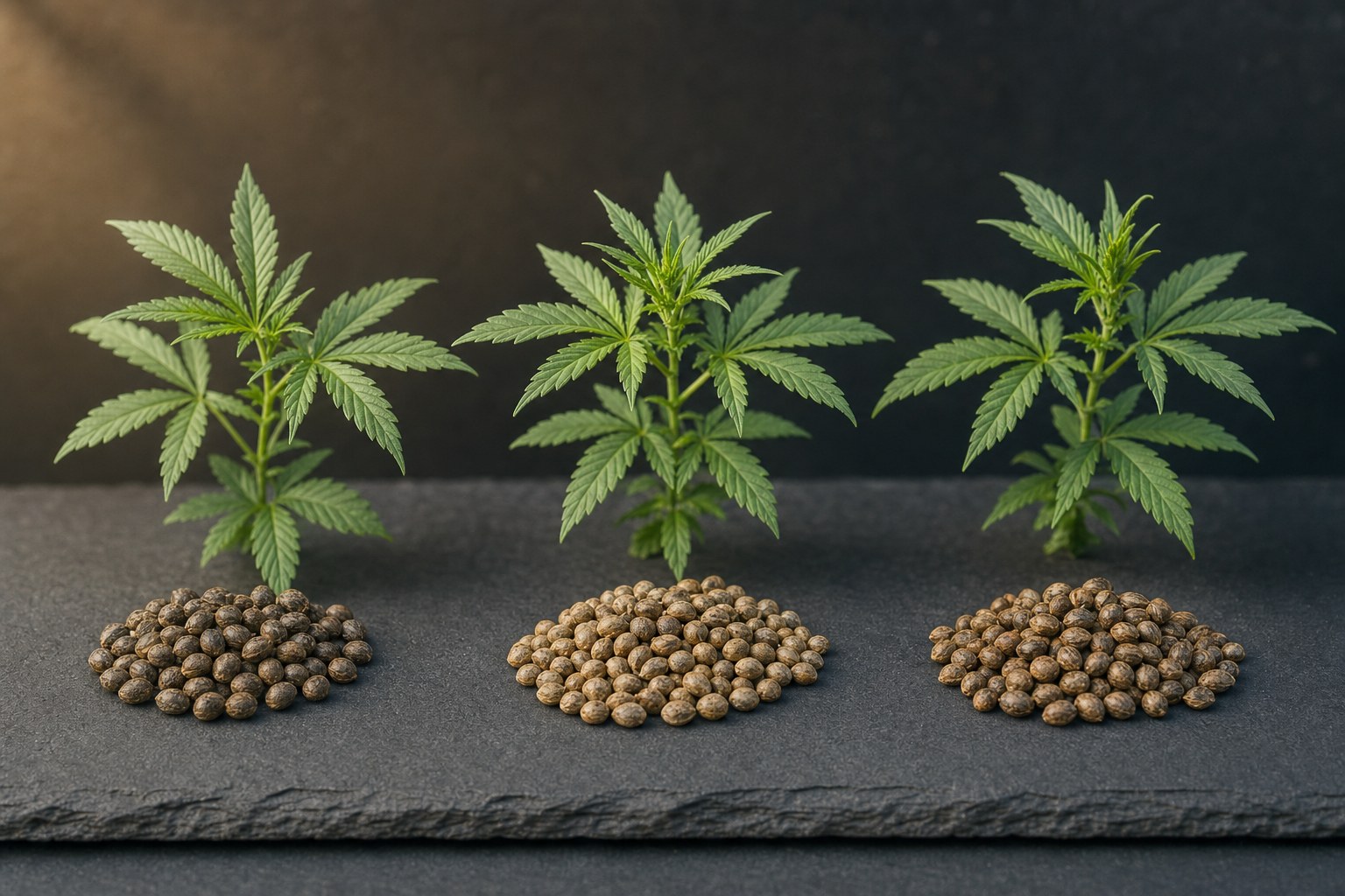 Three labelled piles of feminised, autoflower and regular cannabis seeds on dark slate, each with a small plant behind it