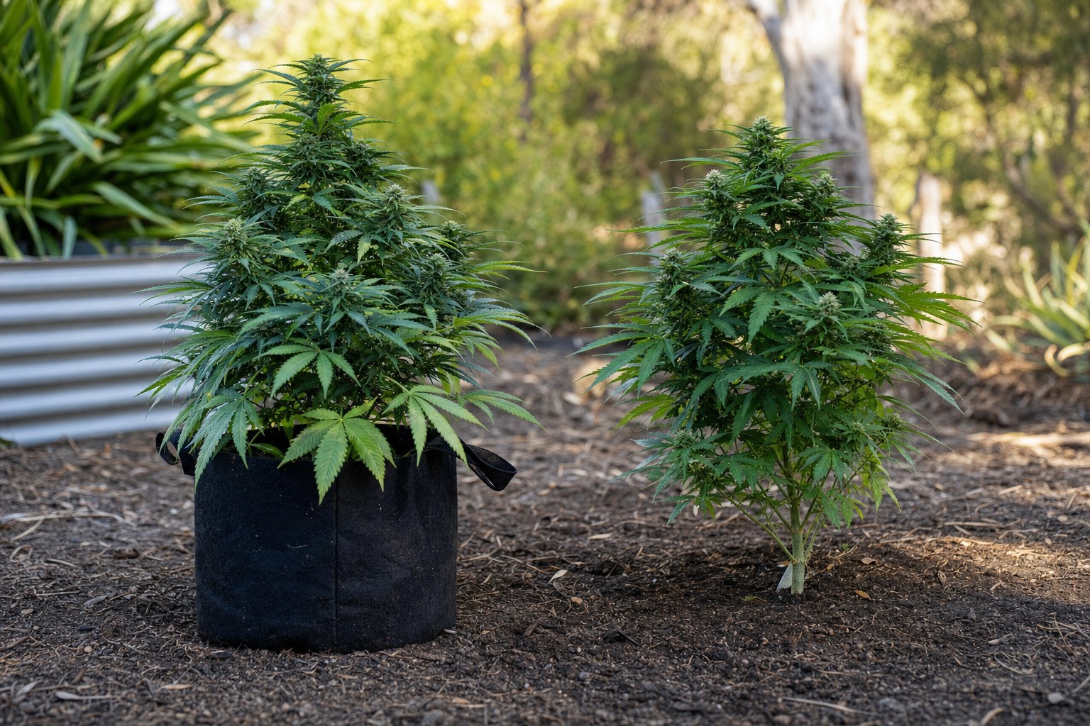 Two cannabis plants side by side in an Australian spring garden, one growing in a fabric pot and one growing in garden soil.