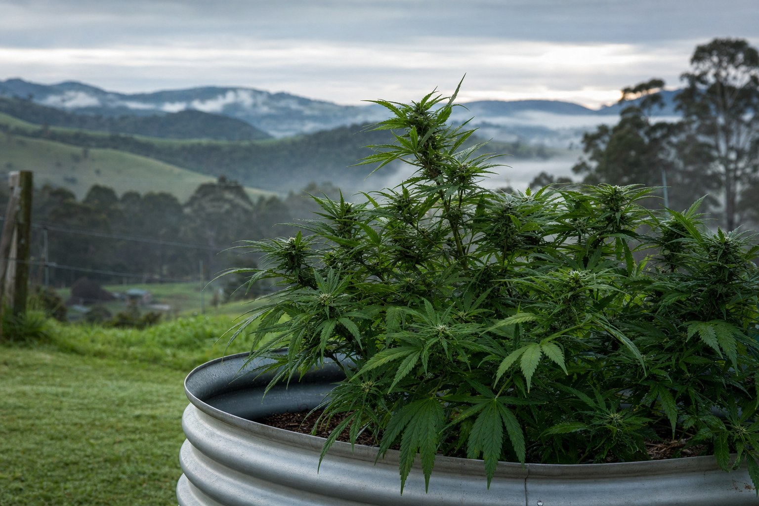 Cannabis plant in a raised garden bed with misty Victorian hills behind it in cool morning light