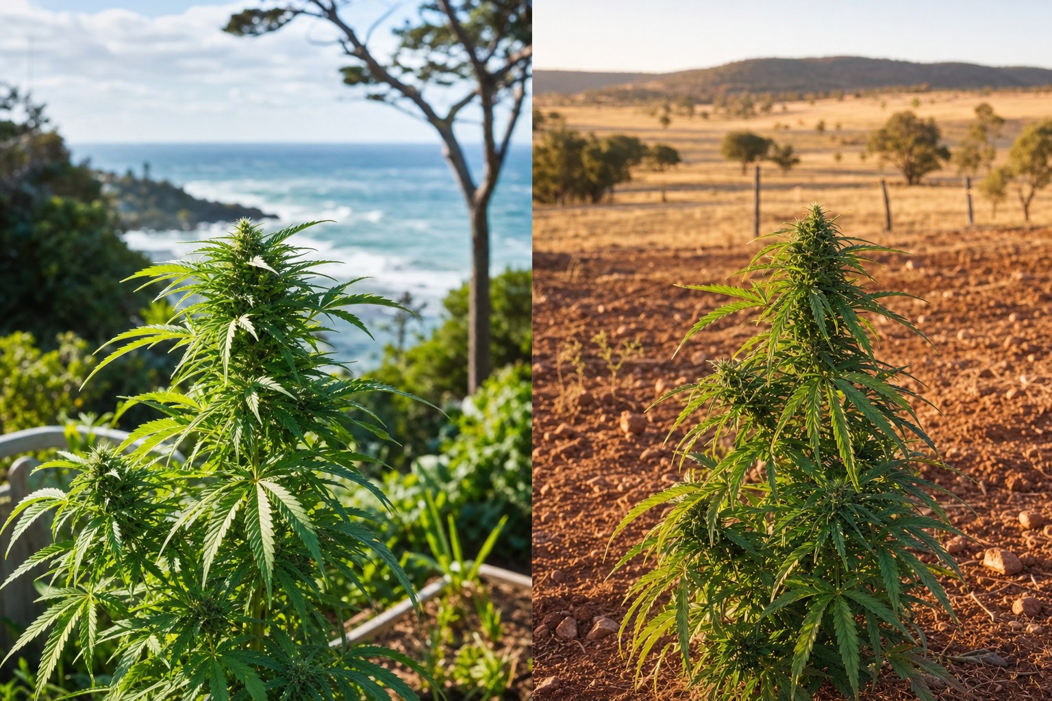 Split view of a thriving cannabis plant in a humid NSW coastal garden and another beside a dry inland paddock