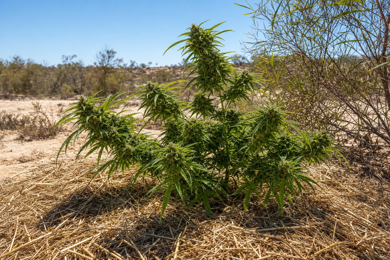 Cannabis plant with substantial organic mulch in pale sandy soil under harsh clear Western Australian sunlight