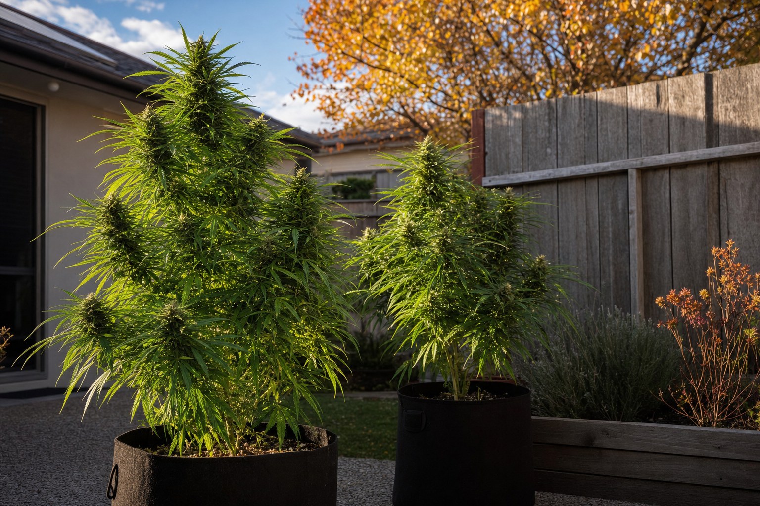 Two cannabis plants in a tidy suburban courtyard beside a modest timber fence in soft autumn light