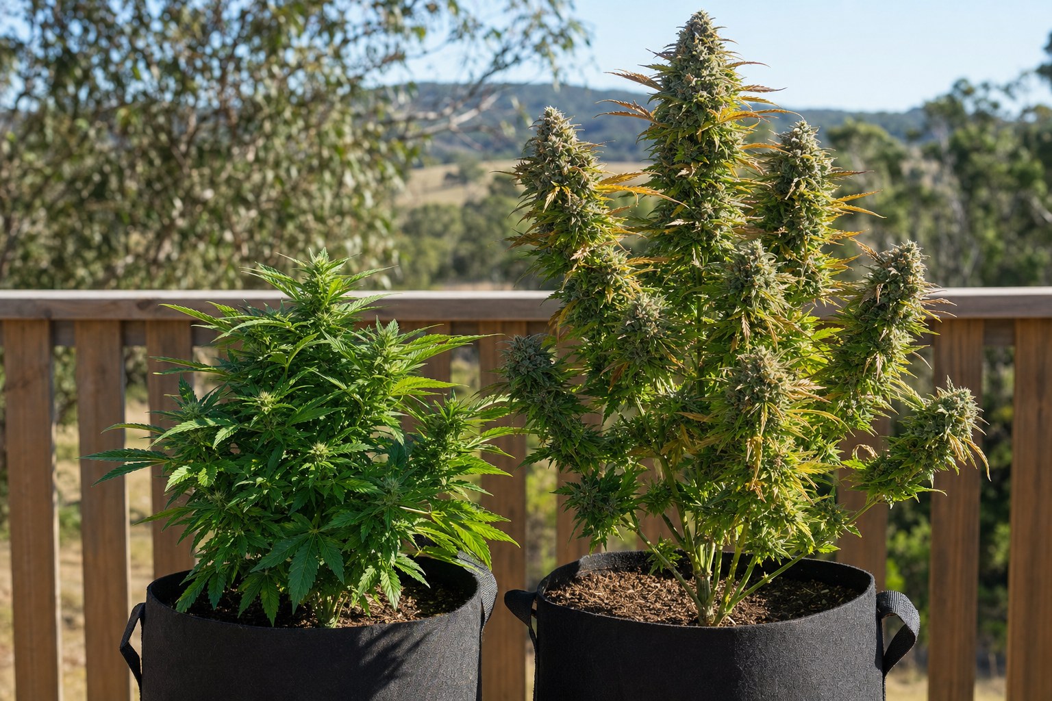 Two autoflower cannabis plants at different growth stages on a deck in bright Australian summer light