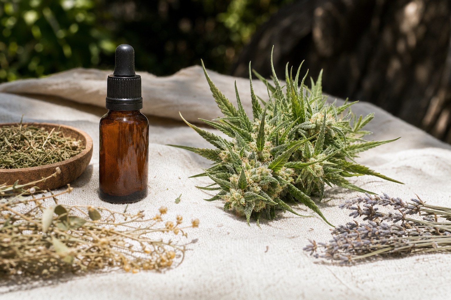 Pale green cannabis flower beside a glass dropper bottle and dried herbs arranged on natural linen