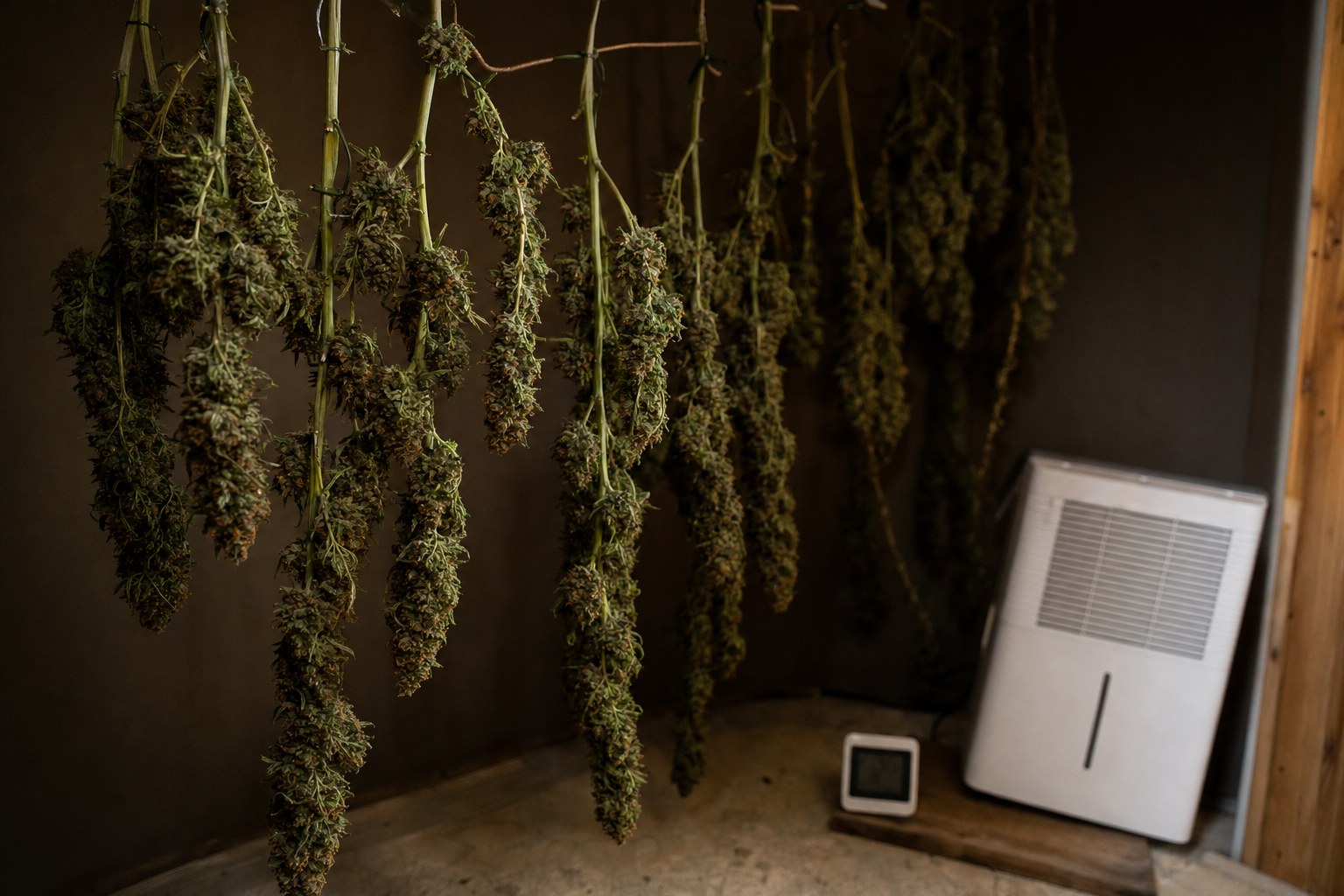 Cannabis branches hanging in a dark drying room beside a compact dehumidifier and digital hygrometer