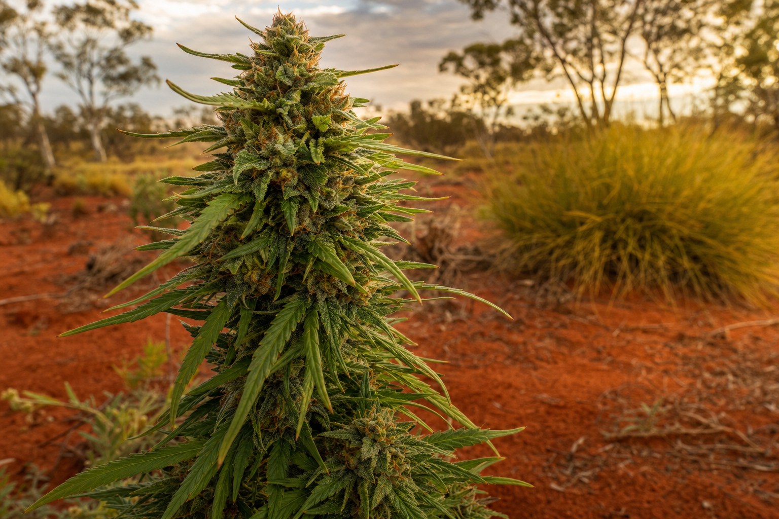 Dense Outback OG-style cannabis cola beside red desert soil and spinifex grass in warm late-afternoon sun