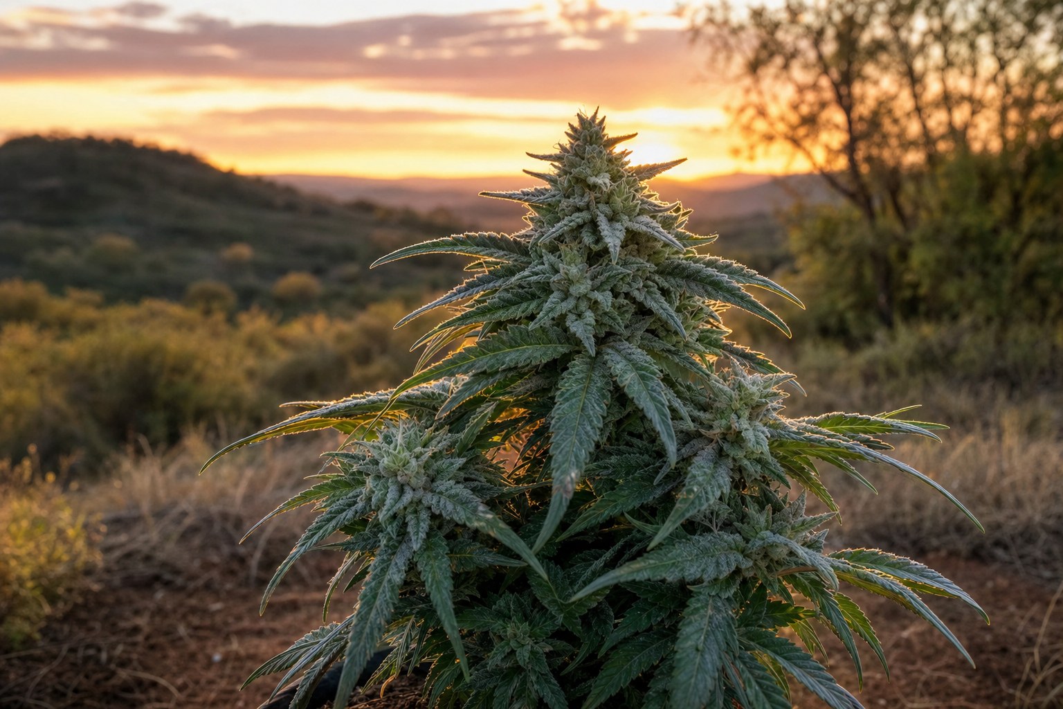 Compact frosty Northern Lights cannabis plant glowing in the Australian dusk