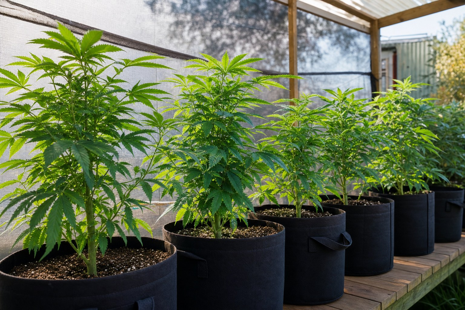 Row of sturdy, healthy cannabis plants in a tidy beginner growing setup under warm daylight