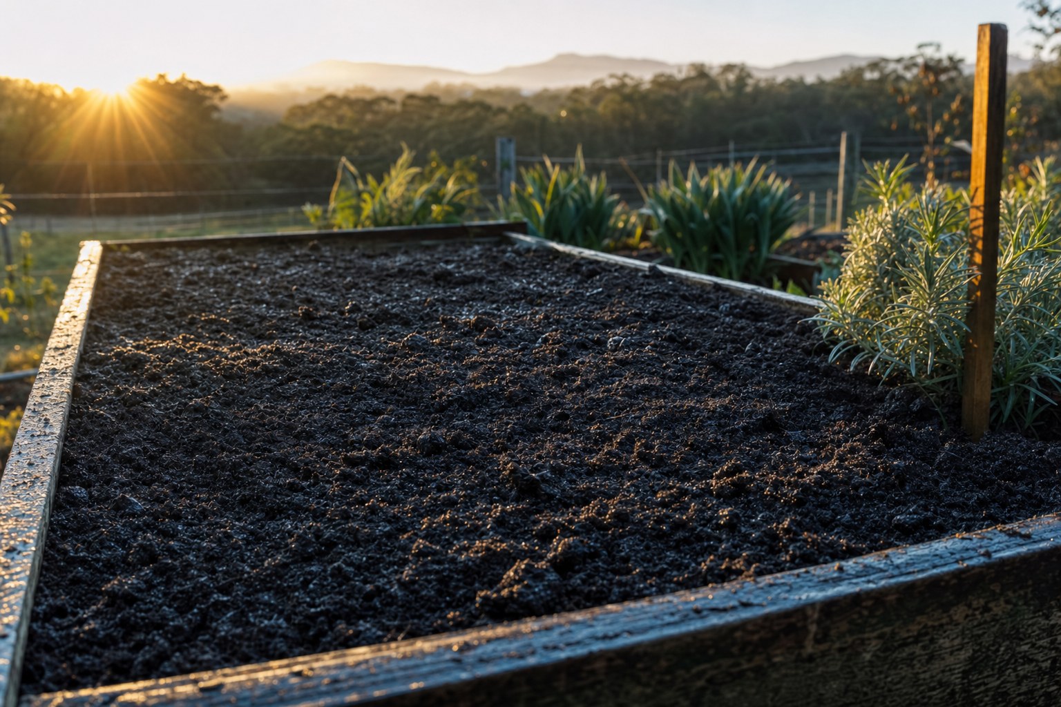 Sunrise over a prepared backyard garden bed with dew shining on the soil