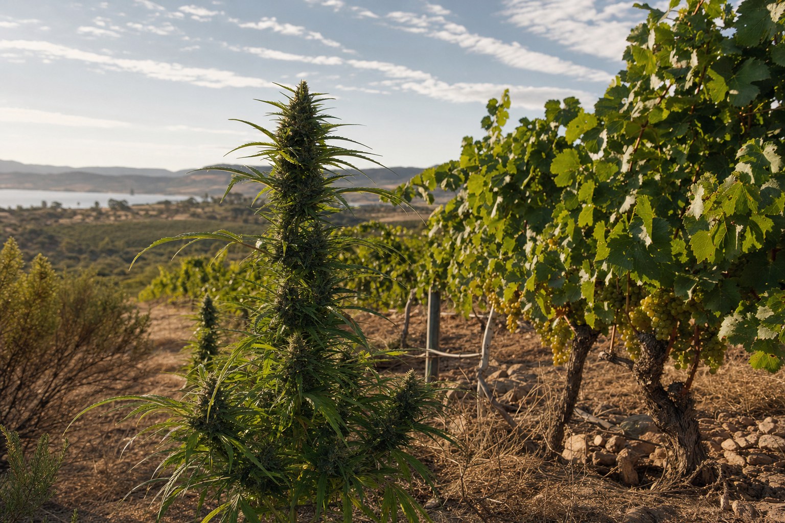 Cannabis plant beside grapevines in a dry hilltop garden under bright Australian sunlight