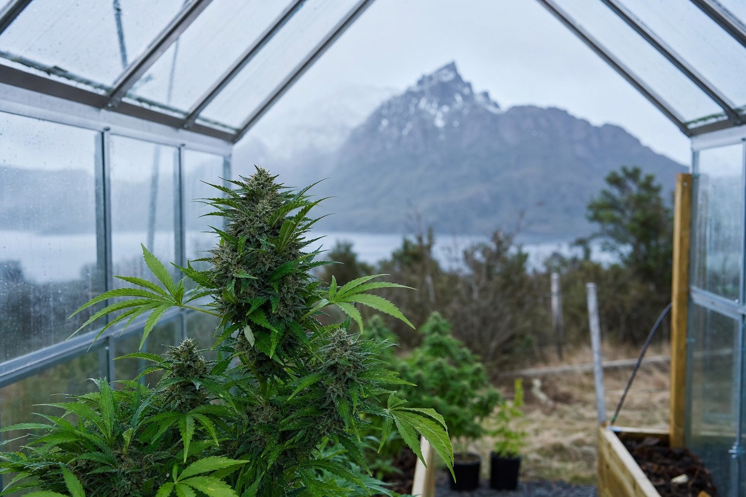 Cannabis plant inside a small greenhouse under cold blue light with Tasmanian mountains in the background.