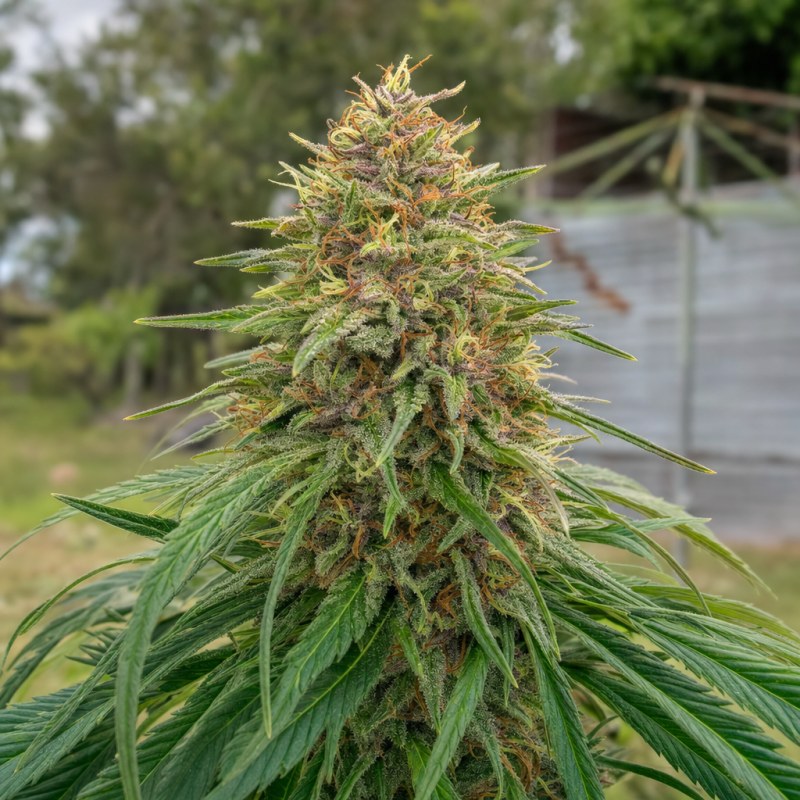 Outdoor macro photograph of the Blue Dream Auto flower on a living plant