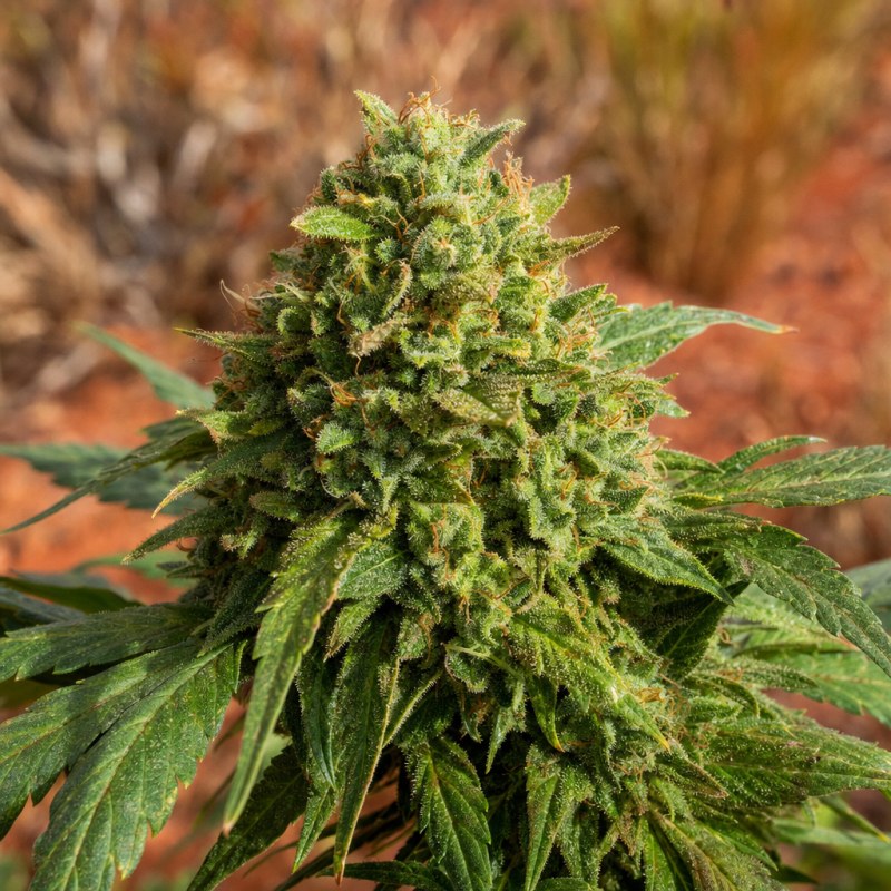 Outdoor macro photograph of the Super Skunk Auto flower on a living plant
