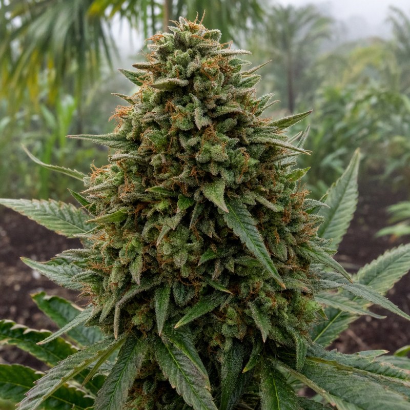 Outdoor macro photograph of the Master Kush Regular flower on a living plant