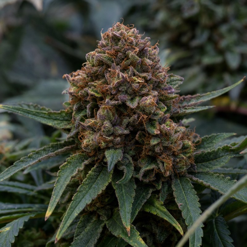 Outdoor macro photograph of the Blackberry Kush flower on a living plant