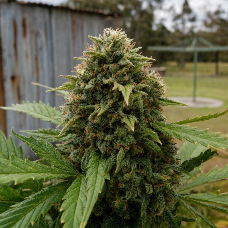 Outdoor macro photograph of the Runtz flower on a living plant