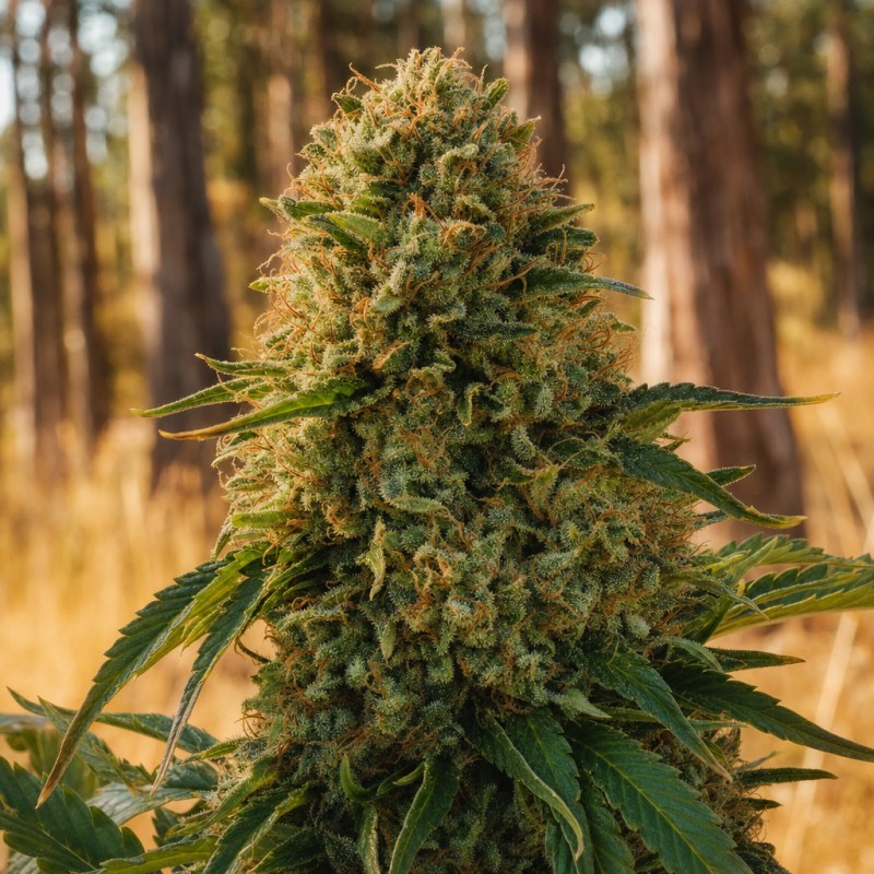 Outdoor macro photograph of the 8 Ball Kush flower on a living plant