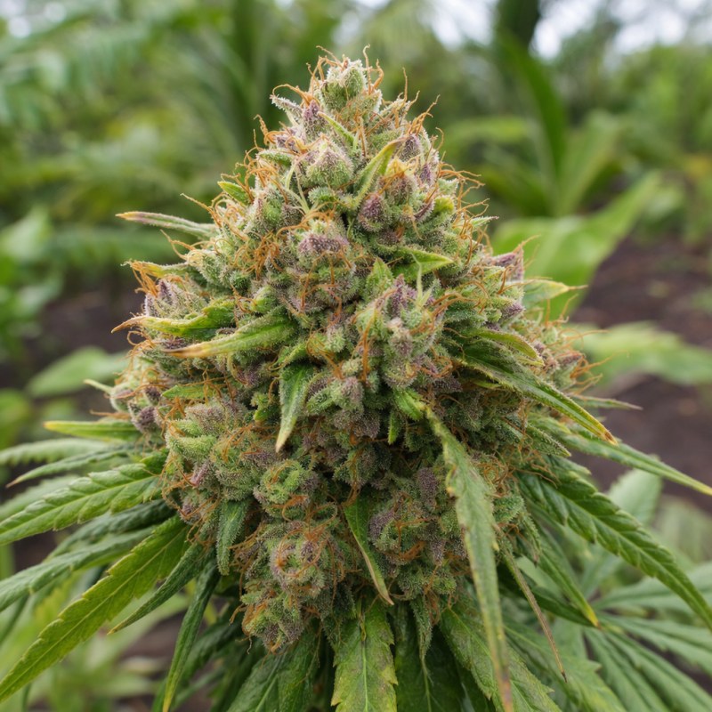 Outdoor macro photograph of the American Kush flower on a living plant