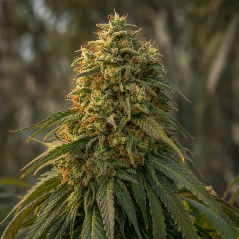 Outdoor macro photograph of the Ancient OG flower on a living plant
