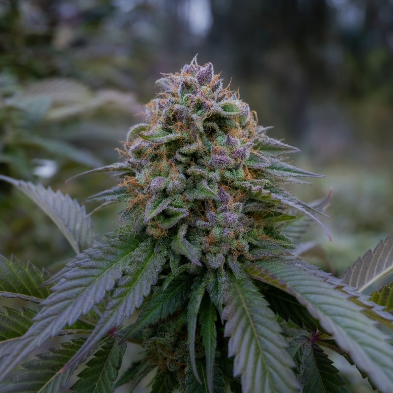Outdoor macro photograph of the Blueberry Haze Auto flower on a living plant