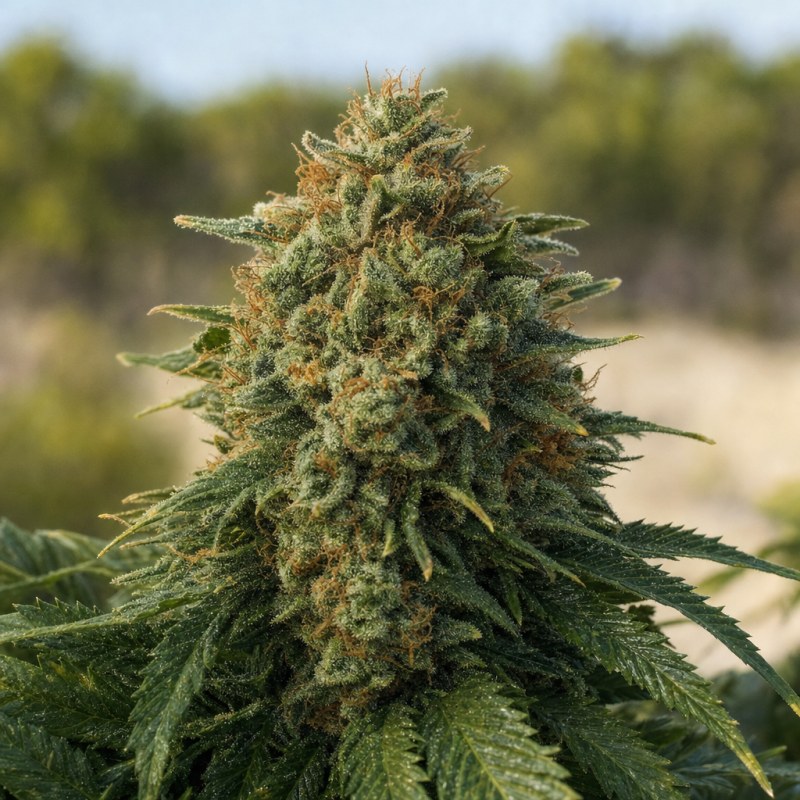 Outdoor macro photograph of the Burmese Kush flower on a living plant