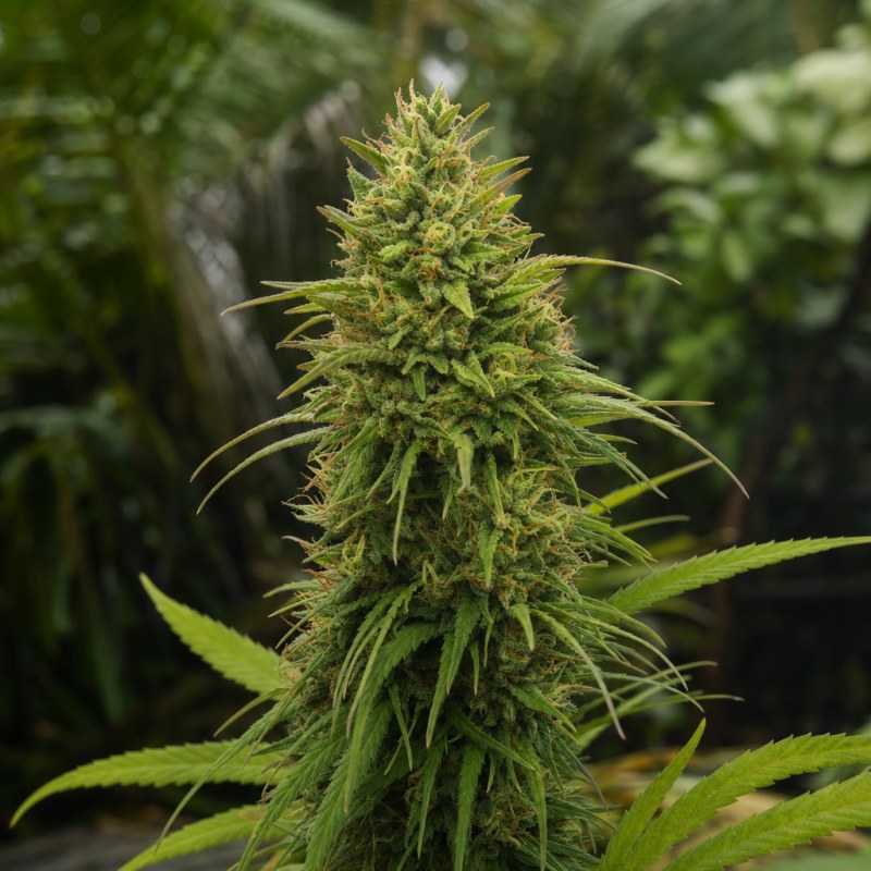 Outdoor macro photograph of the Amnesia Kush Auto flower on a living plant
