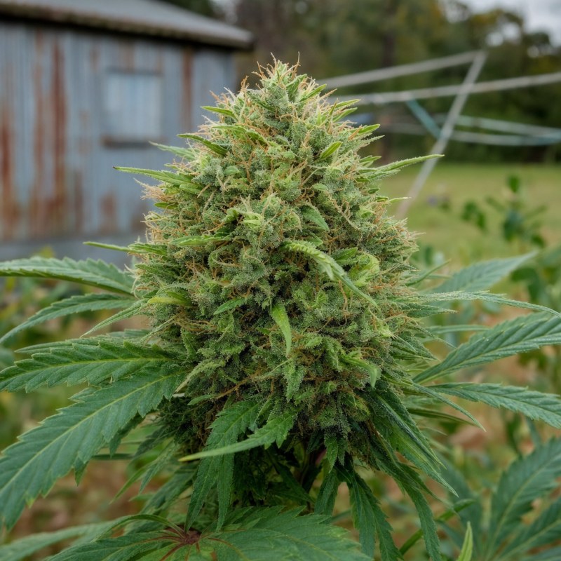Outdoor macro photograph of the CBD PH Haze flower on a living plant