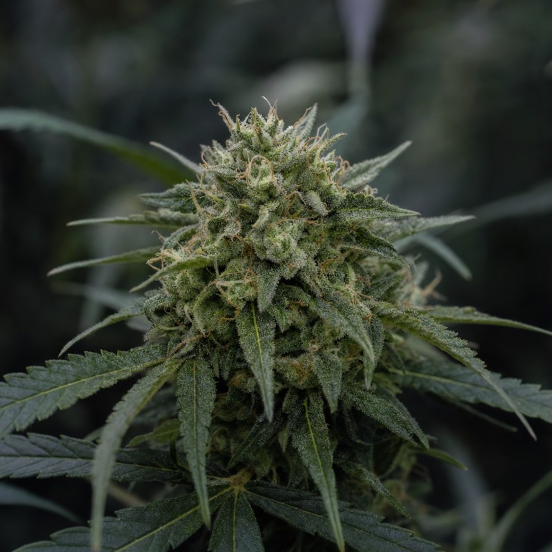 Outdoor macro photograph of the CBD Kush Auto flower on a living plant