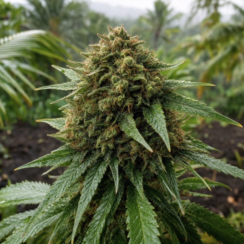 Outdoor macro photograph of the Cookies Kush flower on a living plant