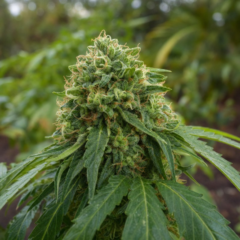 Outdoor macro photograph of the Diamond OG Auto flower on a living plant