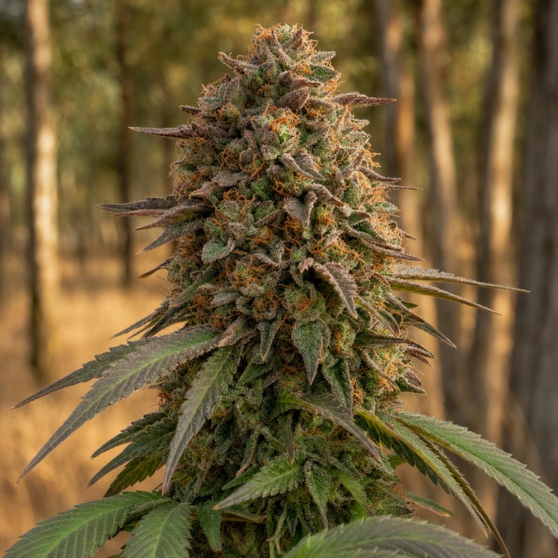 Outdoor macro photograph of the Double OG flower on a living plant