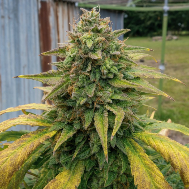 Outdoor macro photograph of the Hellfire OG flower on a living plant