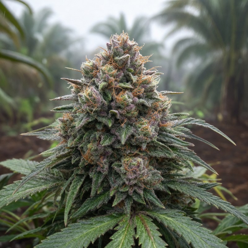 Outdoor macro photograph of the Grand Doggy Purps flower on a living plant