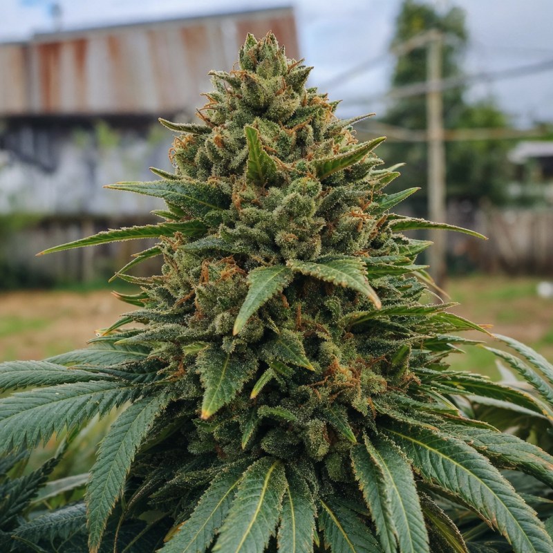 Outdoor macro photograph of the Bubba Kush Auto flower on a living plant