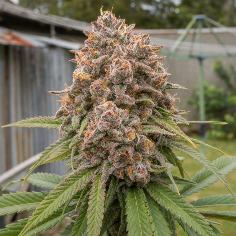 Outdoor macro photograph of the Marionberry Kush flower on a living plant