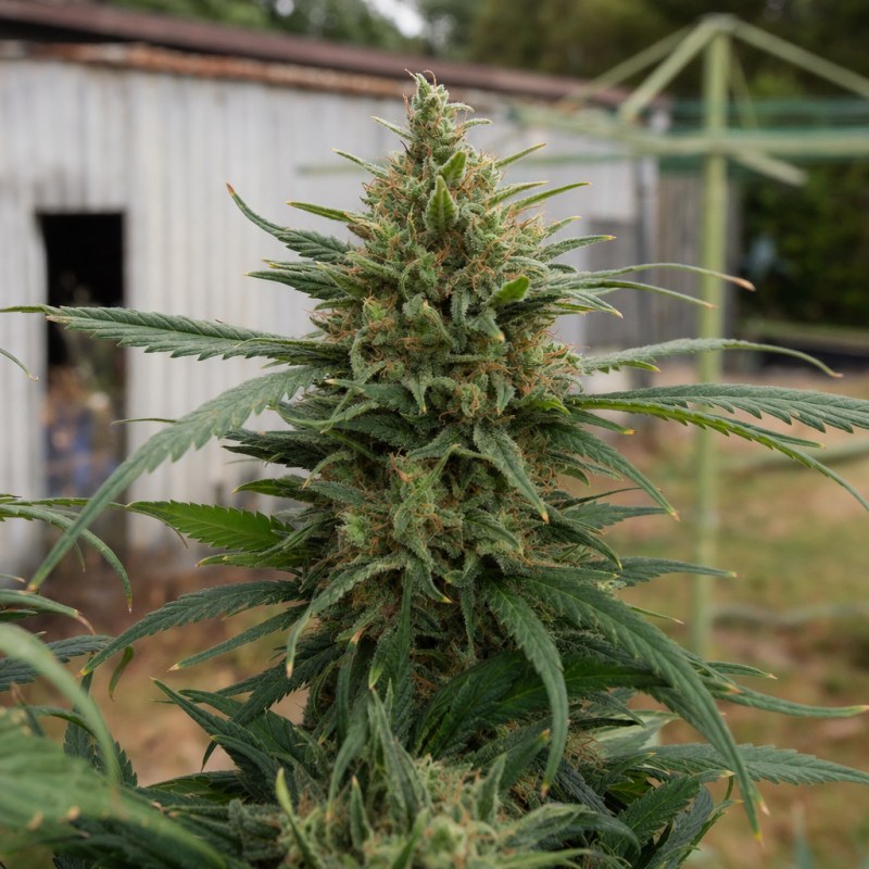 Outdoor macro photograph of the Pineapple Express Auto flower on a living plant