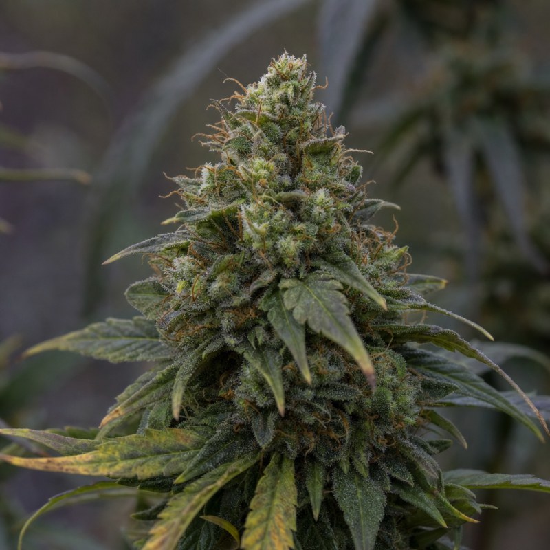Outdoor macro photograph of the Hellfire OG Auto flower on a living plant