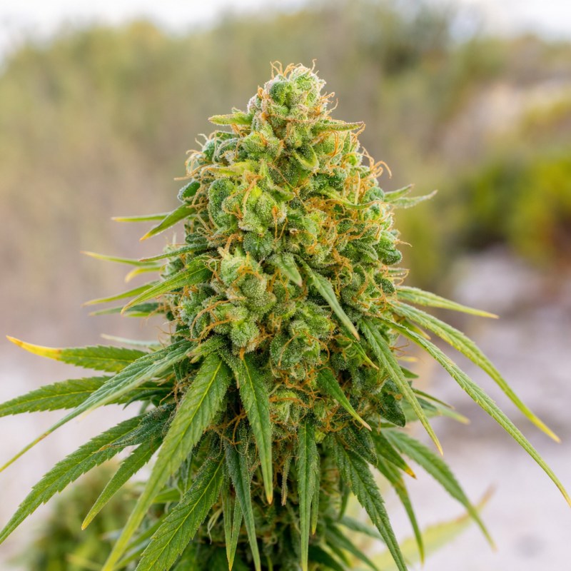 Outdoor macro photograph of the Orange Kush Cake flower on a living plant