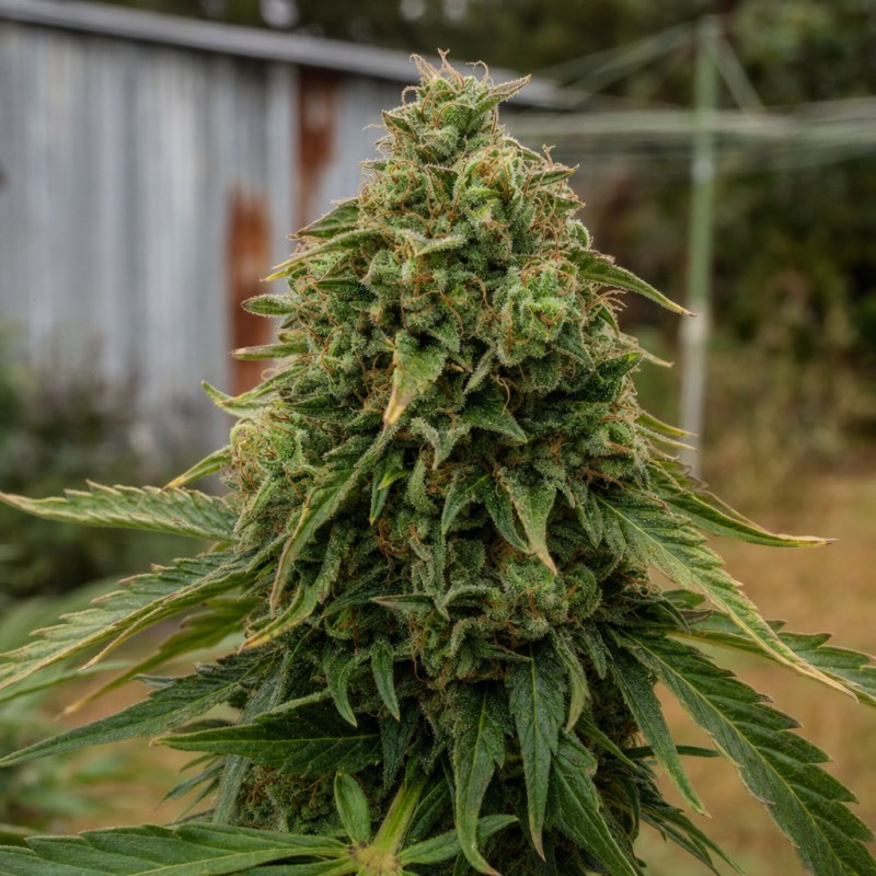 Outdoor macro photograph of the Painkiller XL flower on a living plant