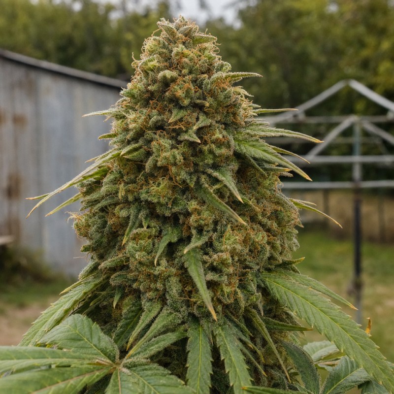 Outdoor macro photograph of the Phantom OG flower on a living plant