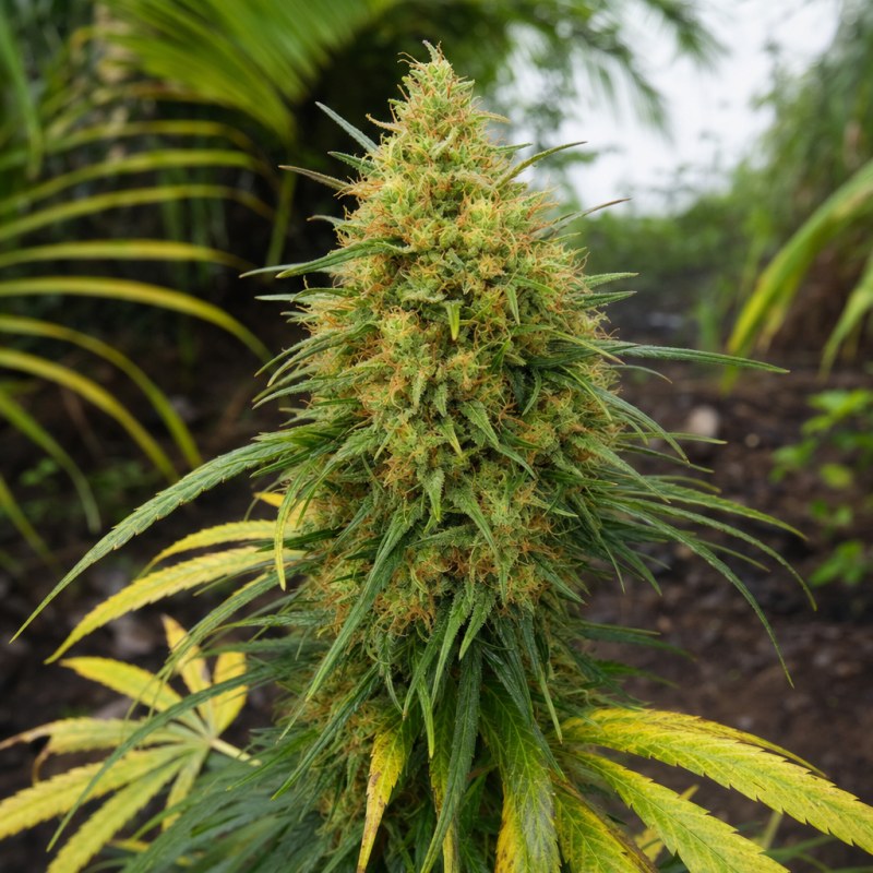 Outdoor macro photograph of the Super Silver Haze flower on a living plant