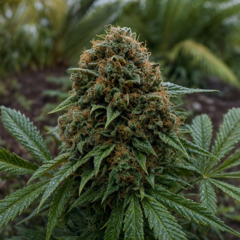 Outdoor macro photograph of the Pre-98 Bubba Kush flower on a living plant