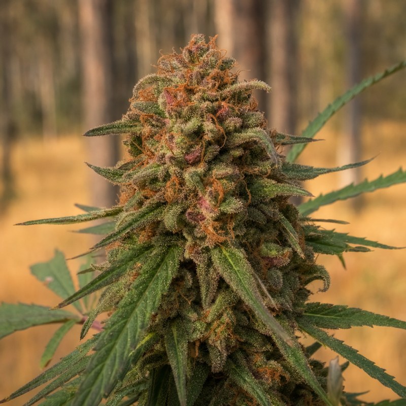 Outdoor macro photograph of the Purple Alien OG flower on a living plant