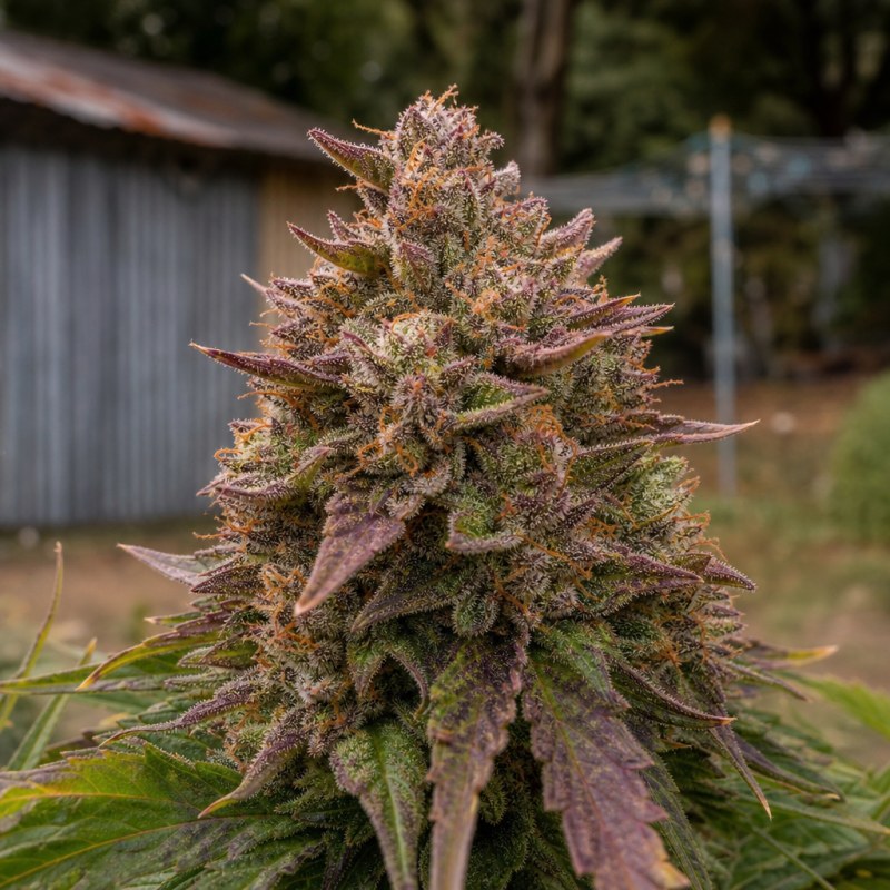 Outdoor macro photograph of the Purple Trainwreck flower on a living plant